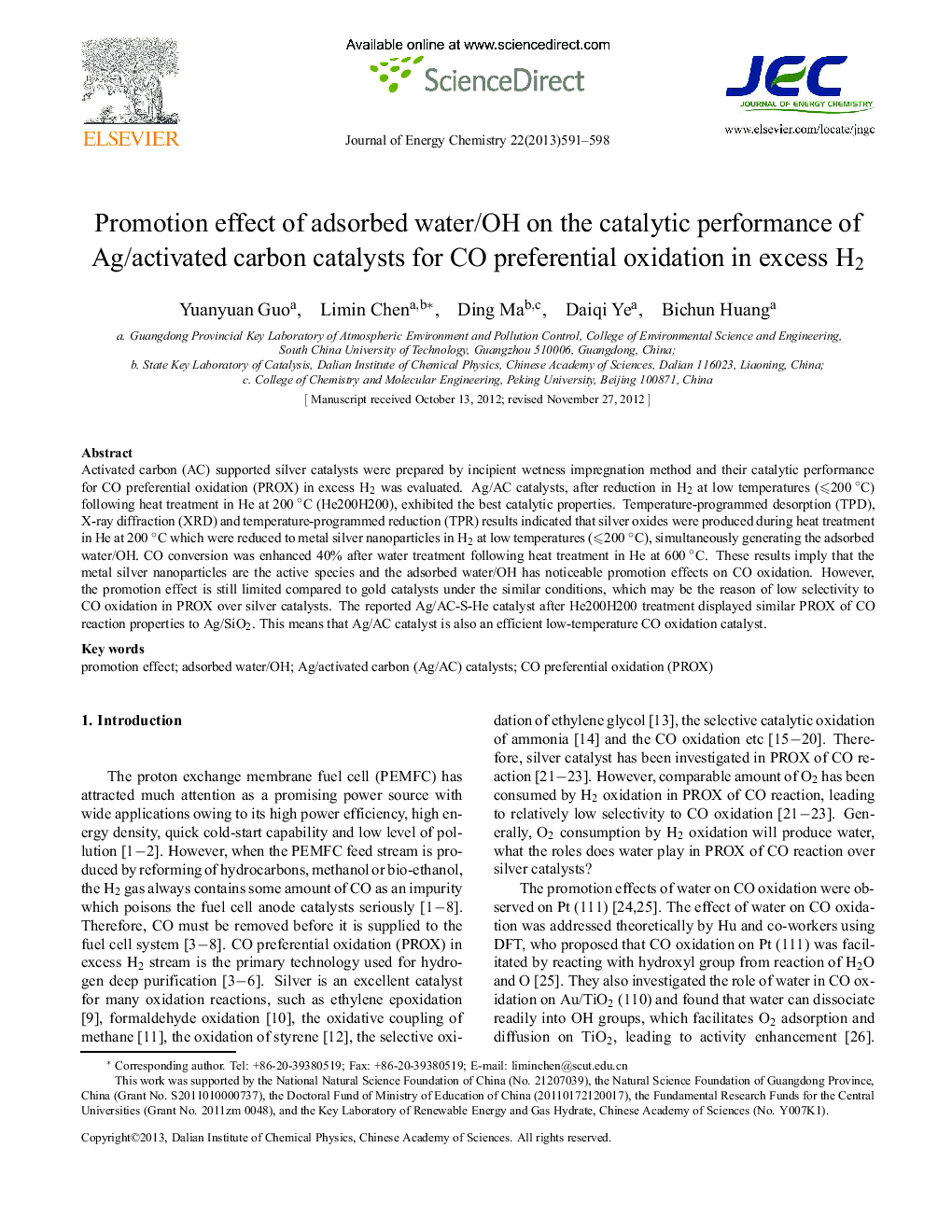 Promotion effect of adsorbed water/OH on the catalytic performance of Ag/activated carbon catalysts for CO preferential oxidation in excess H2