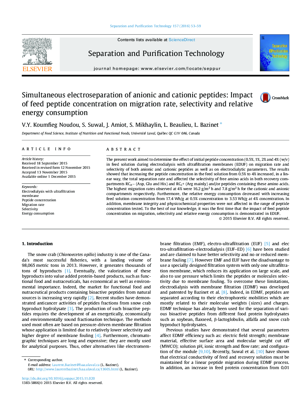 جداسازی الکتریکی همزمان پپتیدهای آنیونی و کاتیونی: تاثیر غلظت پپتید خوراک بر میزان مهاجرت، انتخابی و مصرف انرژی نسبی