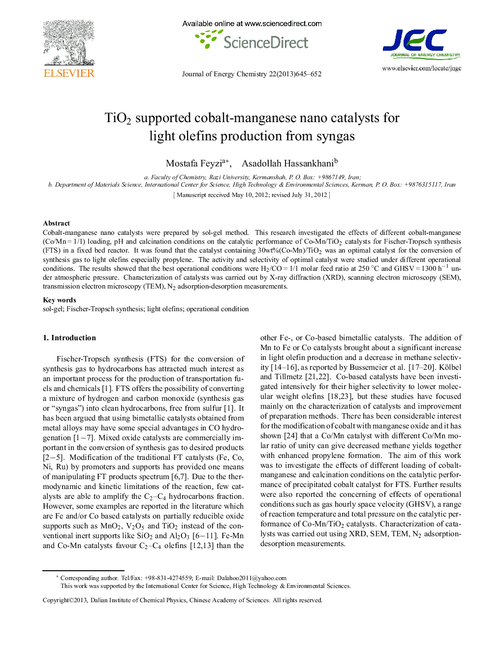 TiO2 supported cobalt-manganese nano catalysts for light olefins production from syngas 