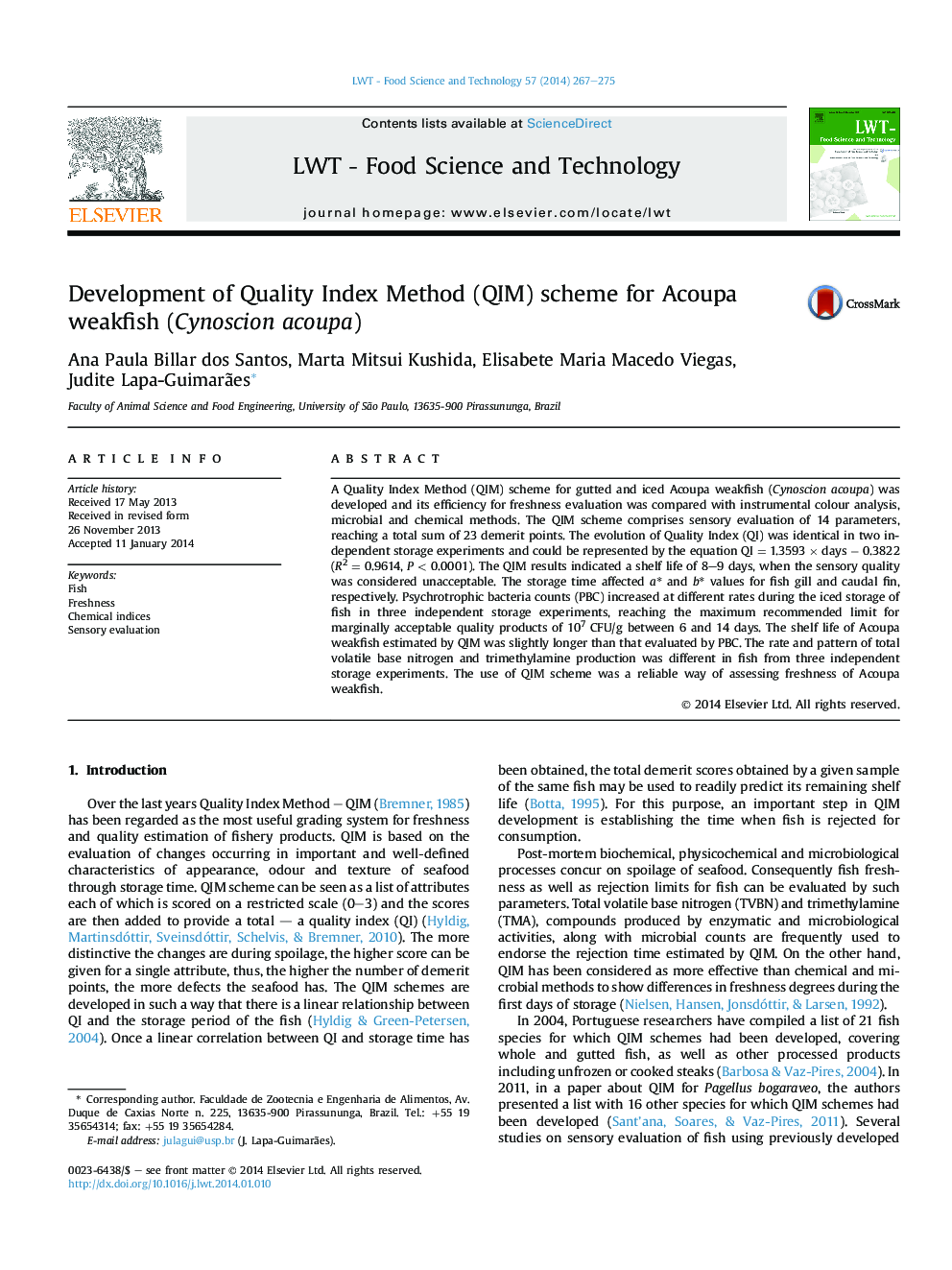 Development of Quality Index Method (QIM) scheme for Acoupa weakfish (Cynoscion acoupa)