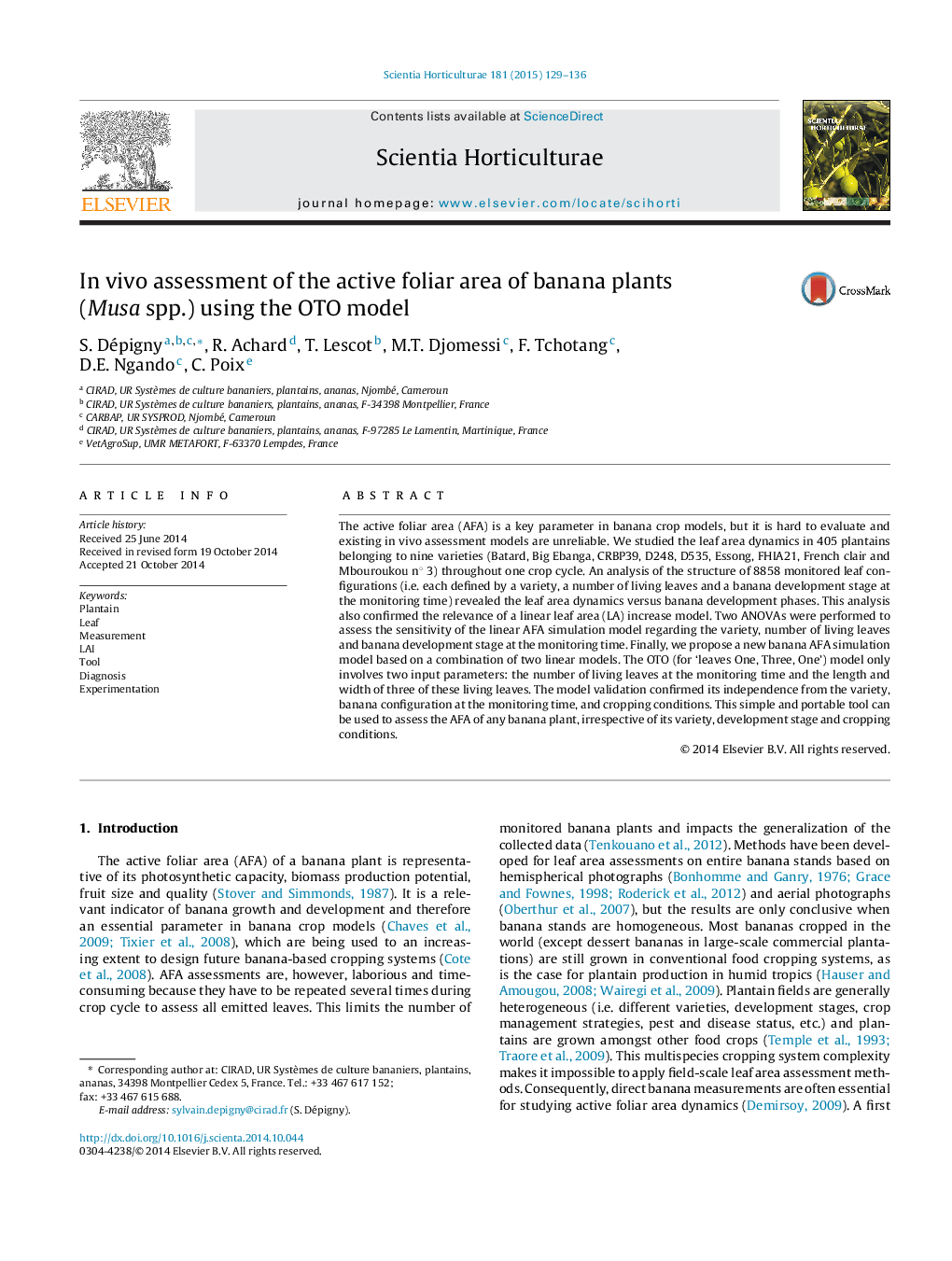 In vivo assessment of the active foliar area of banana plants (Musa spp.) using the OTO model