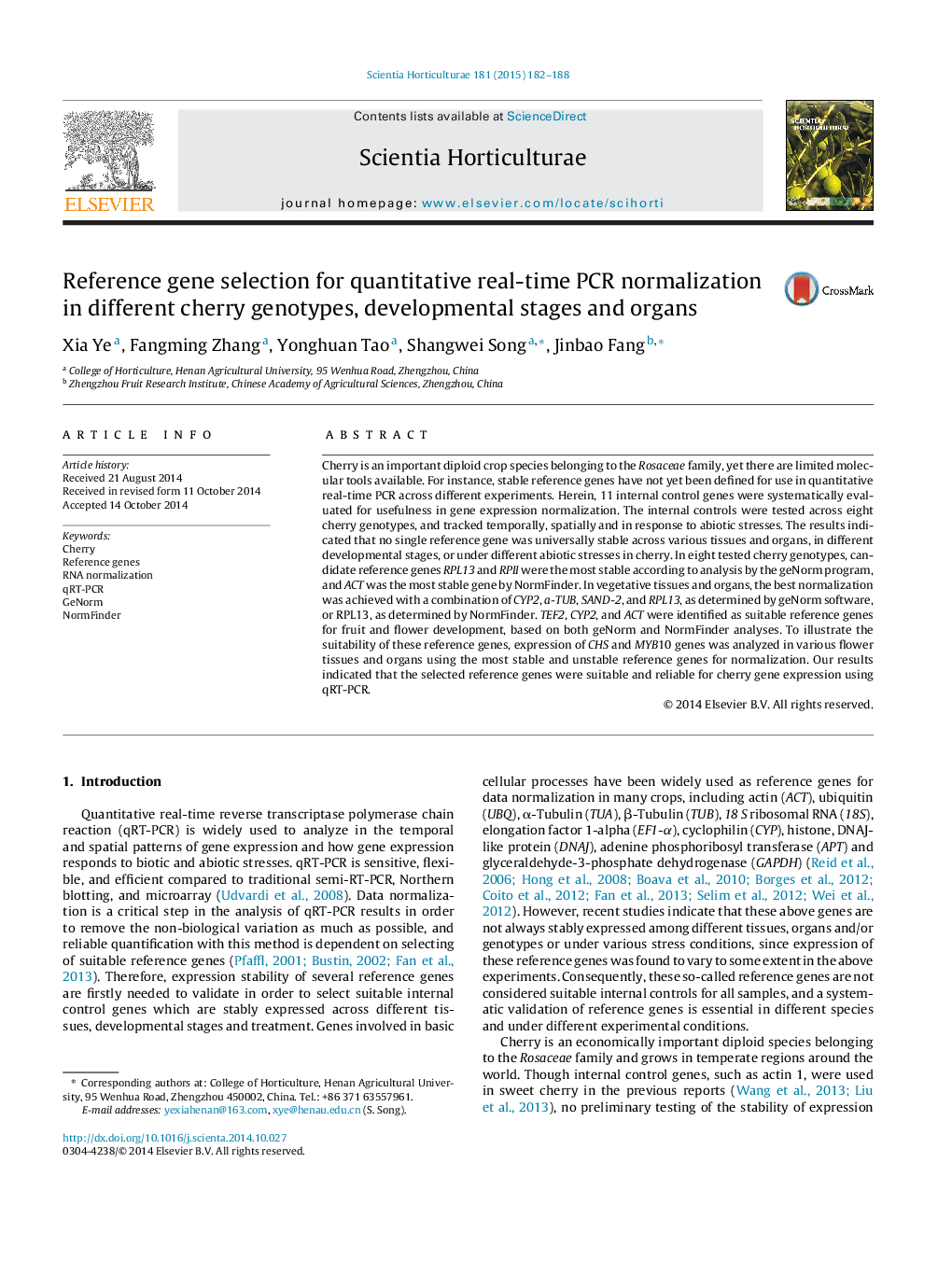 Reference gene selection for quantitative real-time PCR normalization in different cherry genotypes, developmental stages and organs