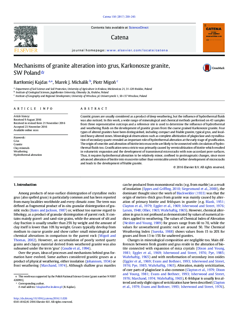 Mechanisms of granite alteration into grus, Karkonosze granite, SW Poland