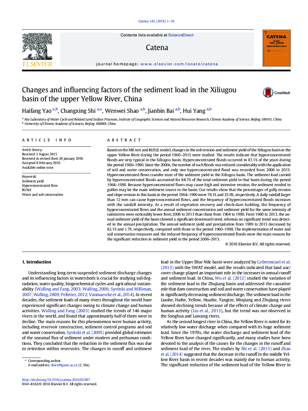 Changes and influencing factors of the sediment load in the Xiliugou basin of the upper Yellow River, China