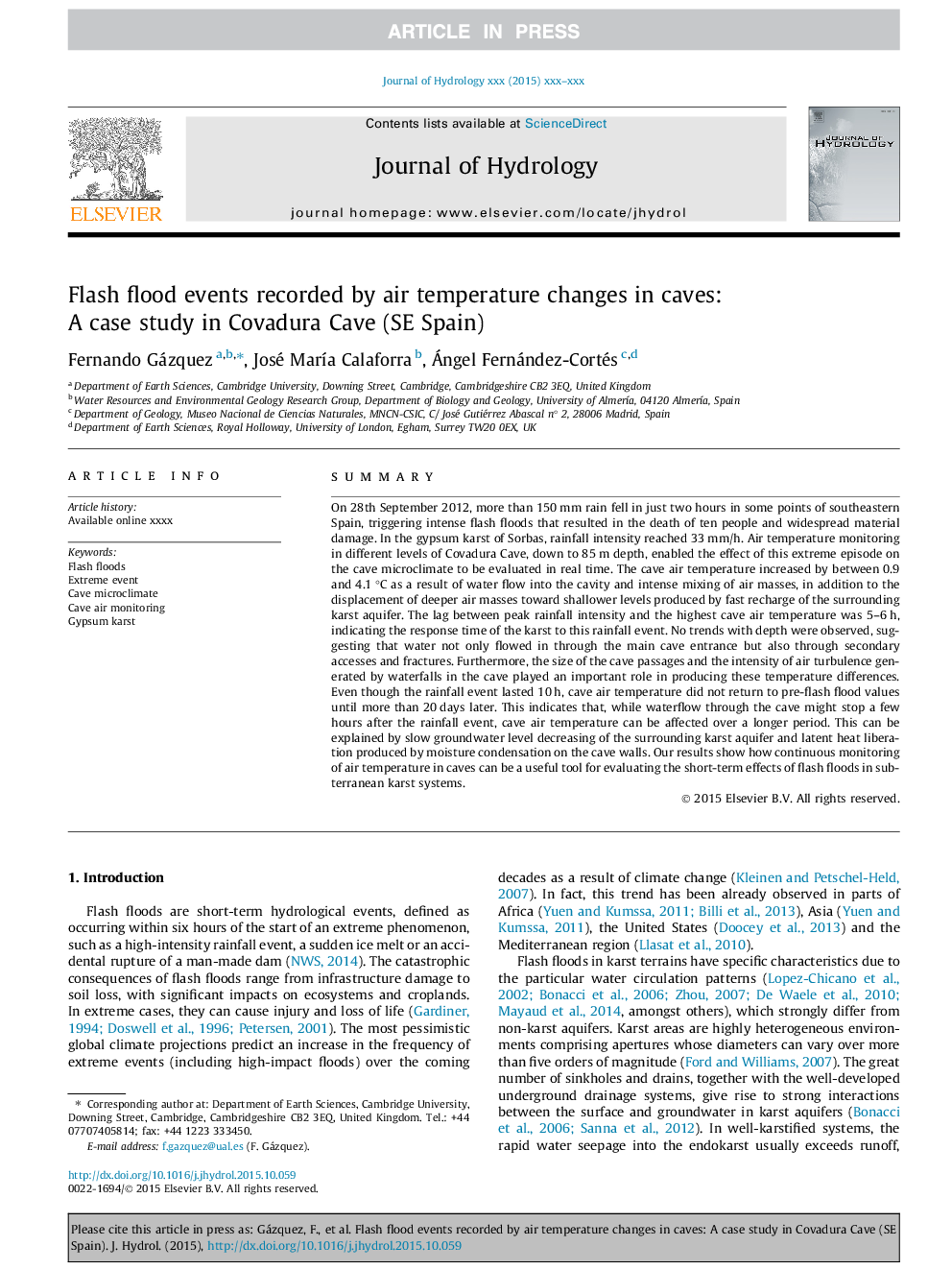 Flash flood events recorded by air temperature changes in caves: A case study in Covadura Cave (SE Spain)