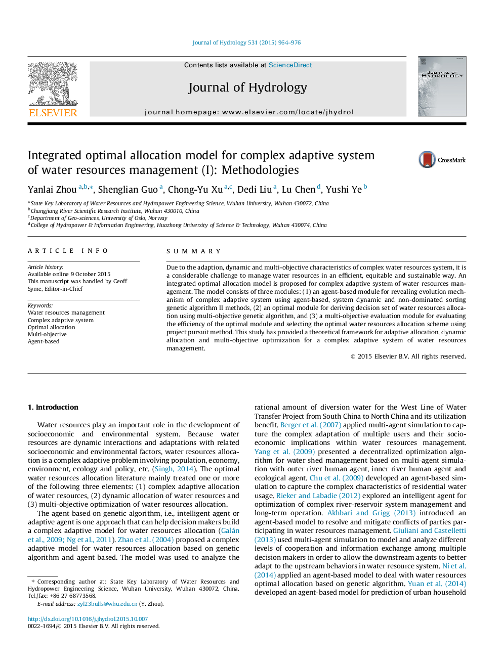 Integrated optimal allocation model for complex adaptive system of water resources management (I): Methodologies