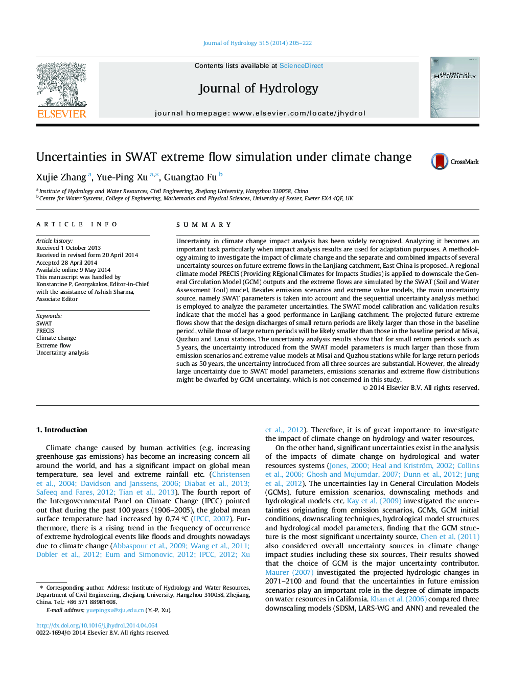 Uncertainties in SWAT extreme flow simulation under climate change