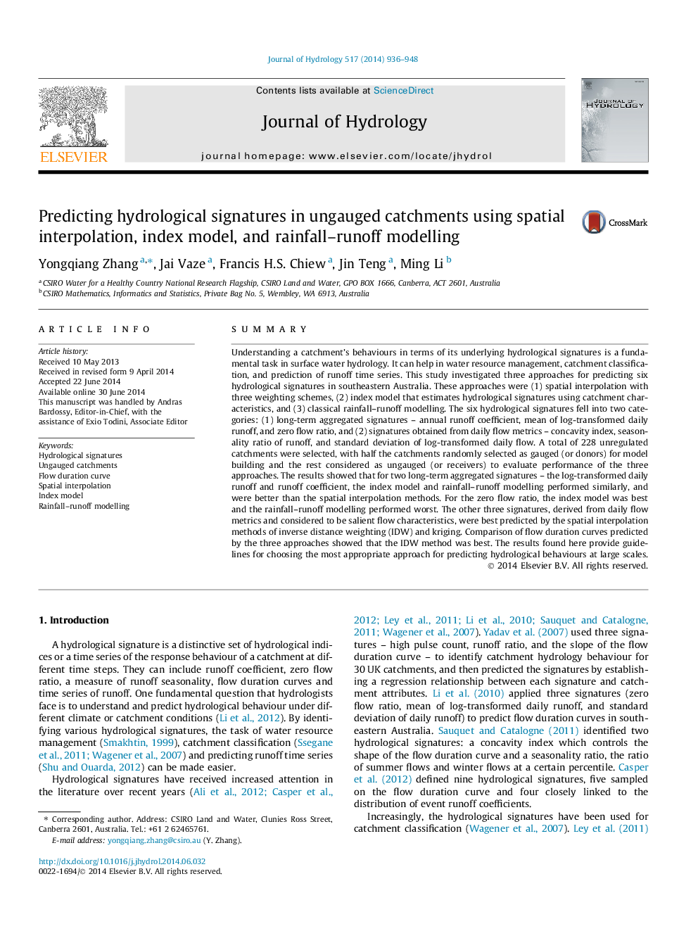 Predicting hydrological signatures in ungauged catchments using spatial interpolation, index model, and rainfall-runoff modelling