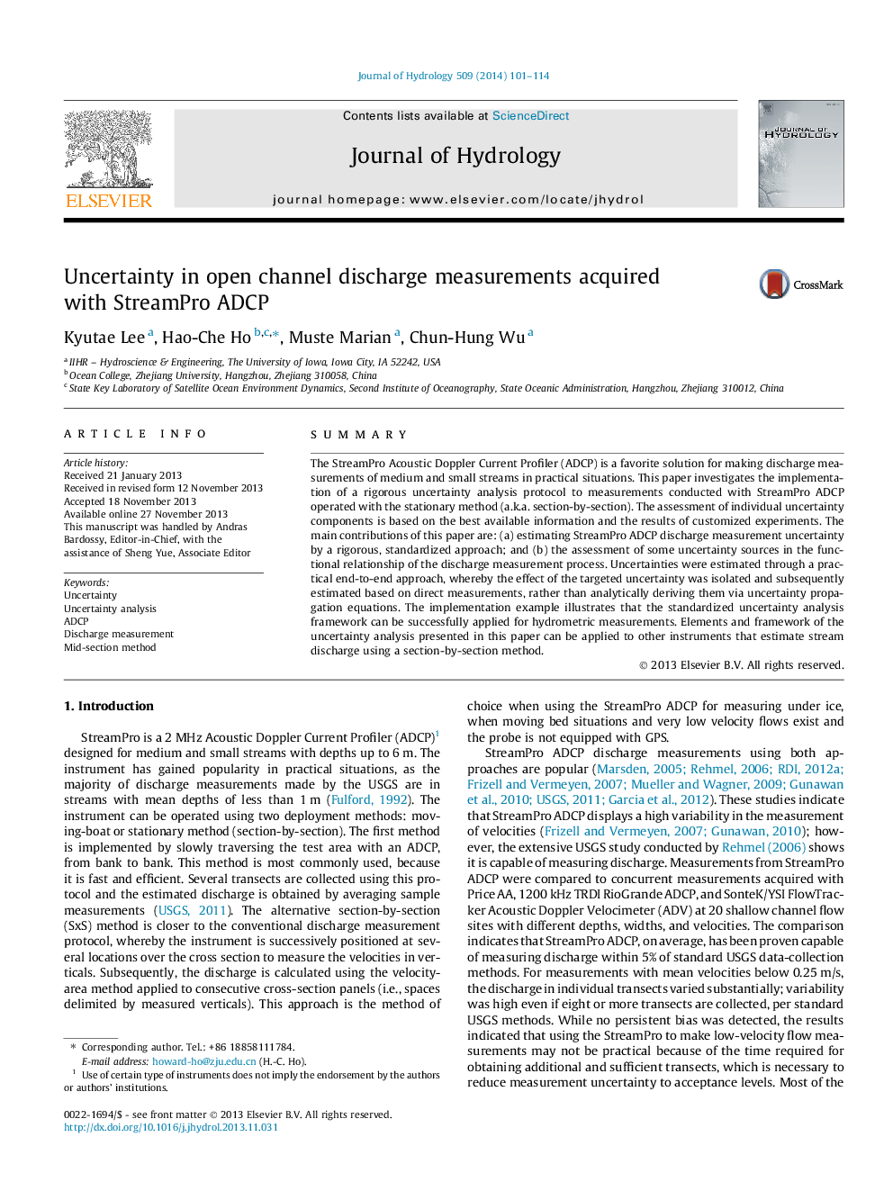 Uncertainty in open channel discharge measurements acquired with StreamPro ADCP