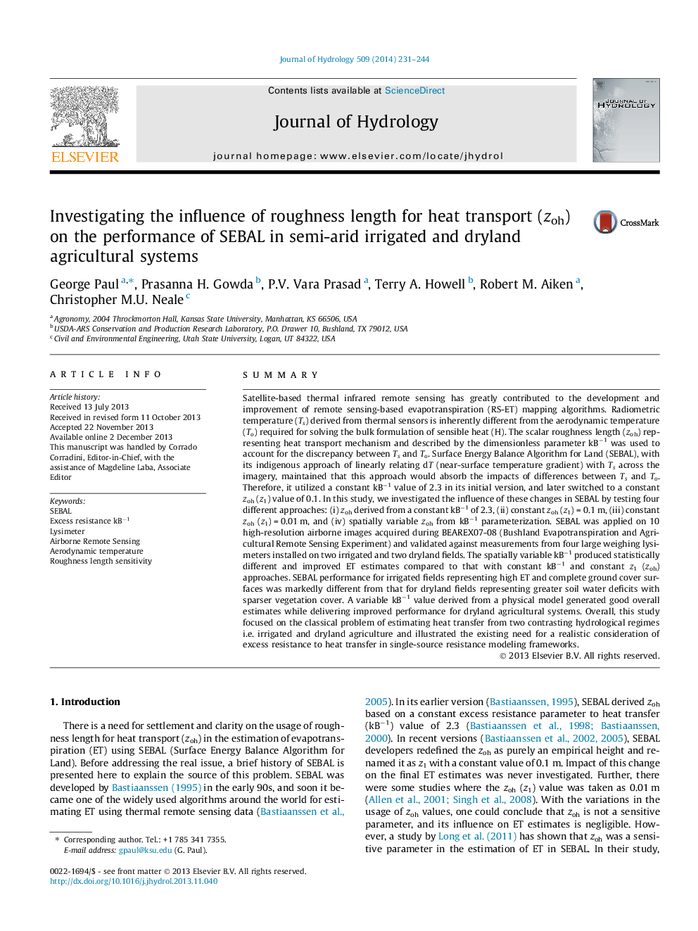 Investigating the influence of roughness length for heat transport (zoh) on the performance of SEBAL in semi-arid irrigated and dryland agricultural systems