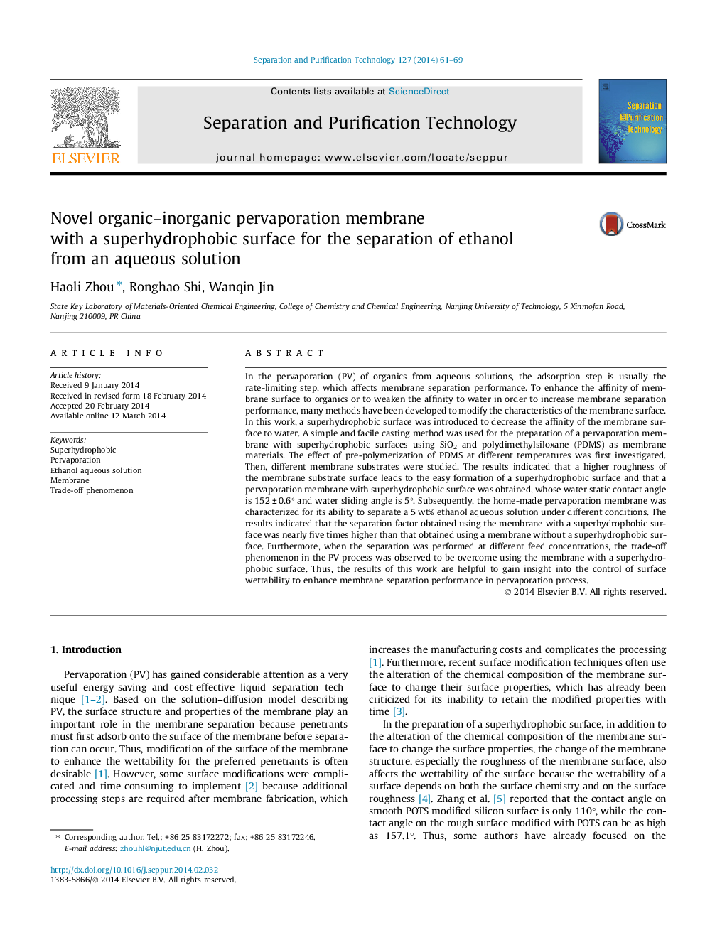 Novel organic–inorganic pervaporation membrane with a superhydrophobic surface for the separation of ethanol from an aqueous solution