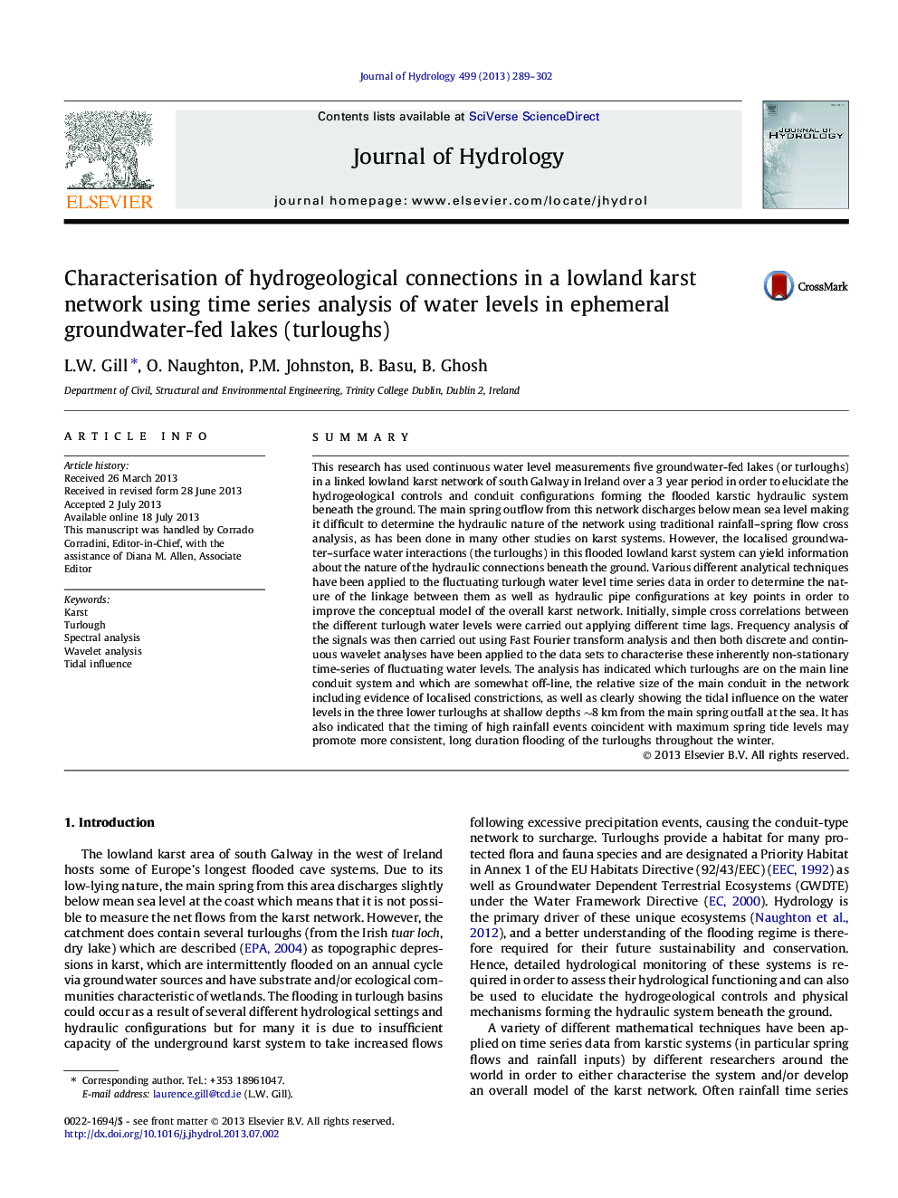 Characterisation of hydrogeological connections in a lowland karst network using time series analysis of water levels in ephemeral groundwater-fed lakes (turloughs)