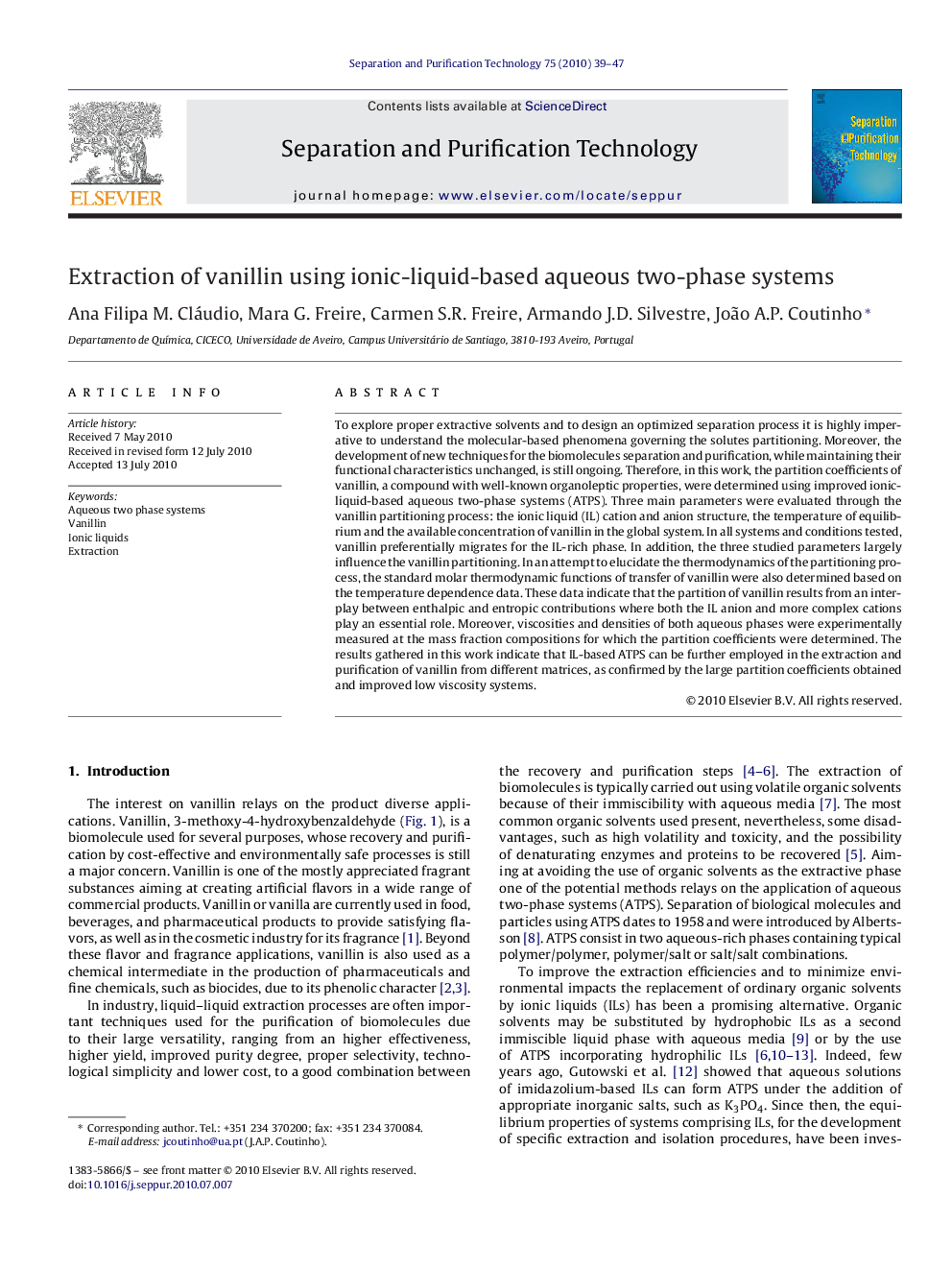 Extraction of vanillin using ionic-liquid-based aqueous two-phase systems