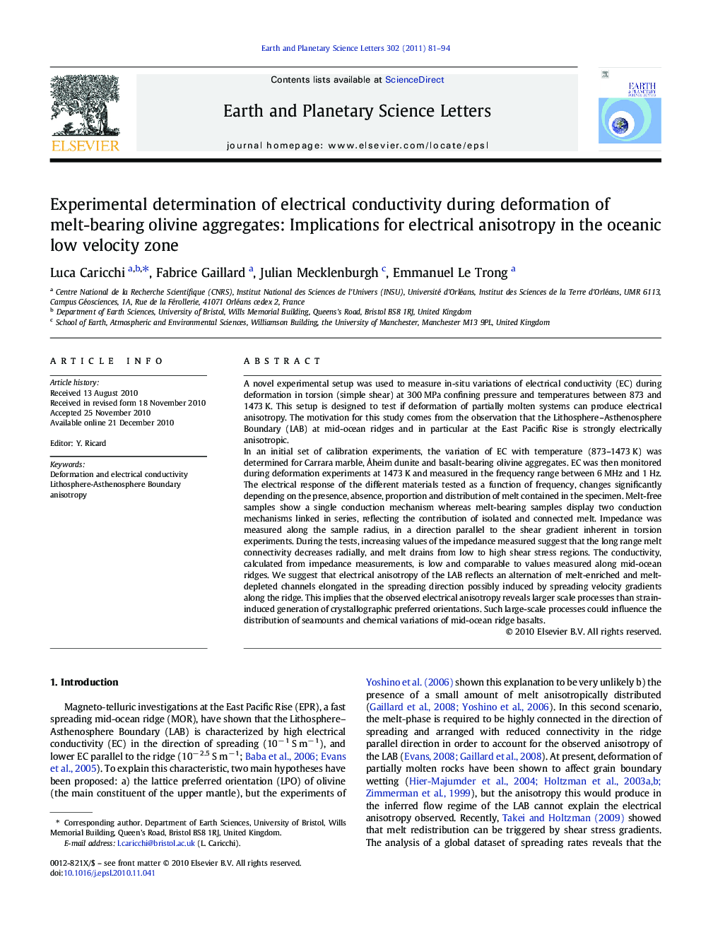 Experimental determination of electrical conductivity during deformation of melt-bearing olivine aggregates: Implications for electrical anisotropy in the oceanic low velocity zone