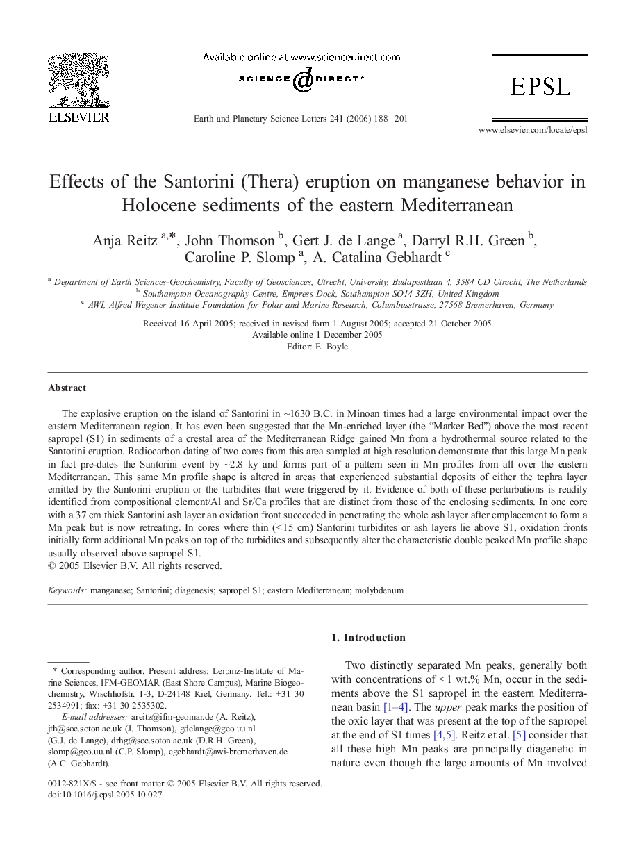 Effects of the Santorini (Thera) eruption on manganese behavior in Holocene sediments of the eastern Mediterranean