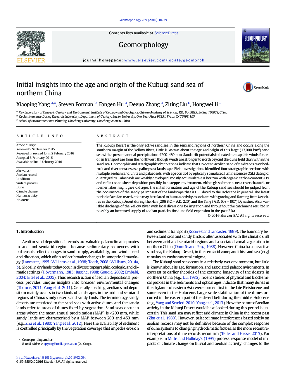 Initial insights into the age and origin of the Kubuqi sand sea of northern China