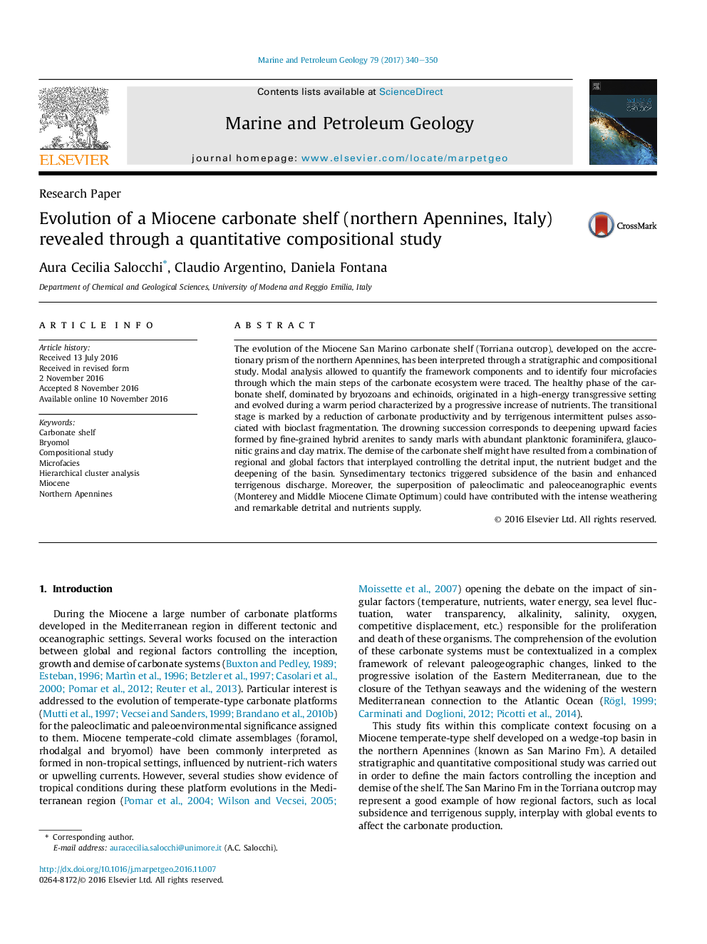 Research PaperEvolution of a Miocene carbonate shelf (northern Apennines, Italy) revealed through a quantitative compositional study