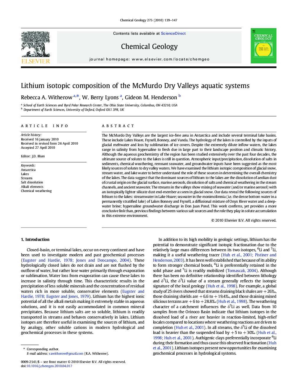 Lithium isotopic composition of the McMurdo Dry Valleys aquatic systems