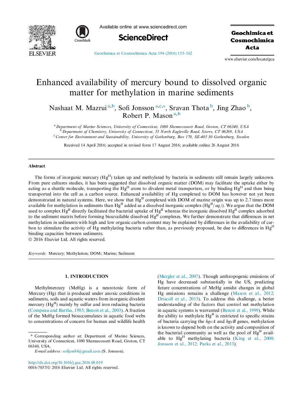 در دسترس بودن جیوه ای که به مواد آلی حل شده متصل شده است برای متیلاسیون در رسوبات دریایی افزایش یافته است 