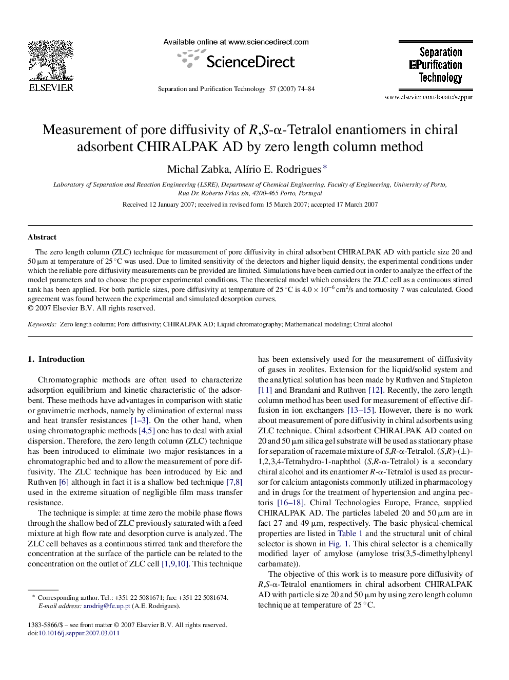 Measurement of pore diffusivity of R,S-α-Tetralol enantiomers in chiral adsorbent CHIRALPAK AD by zero length column method