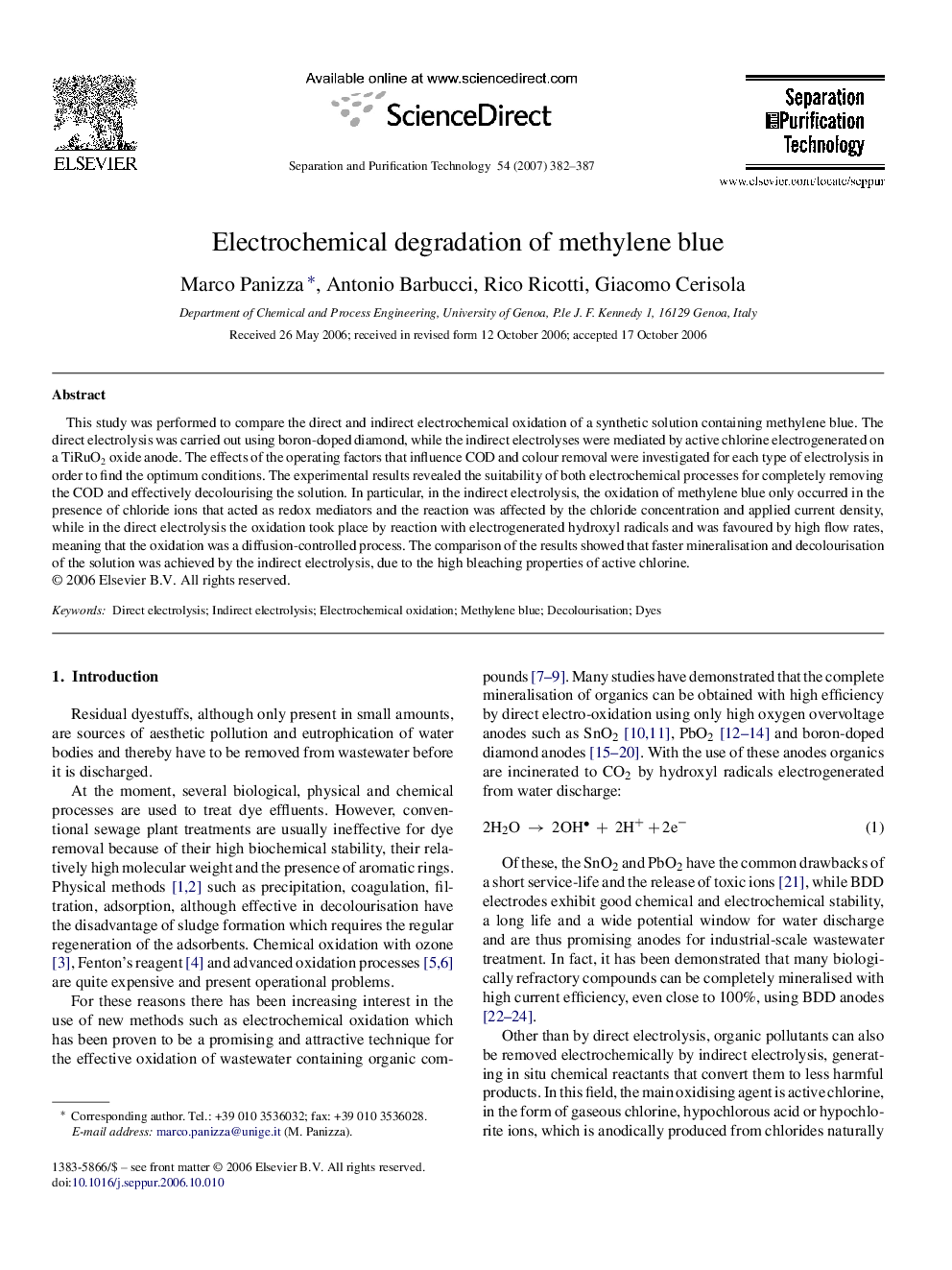 Electrochemical degradation of methylene blue