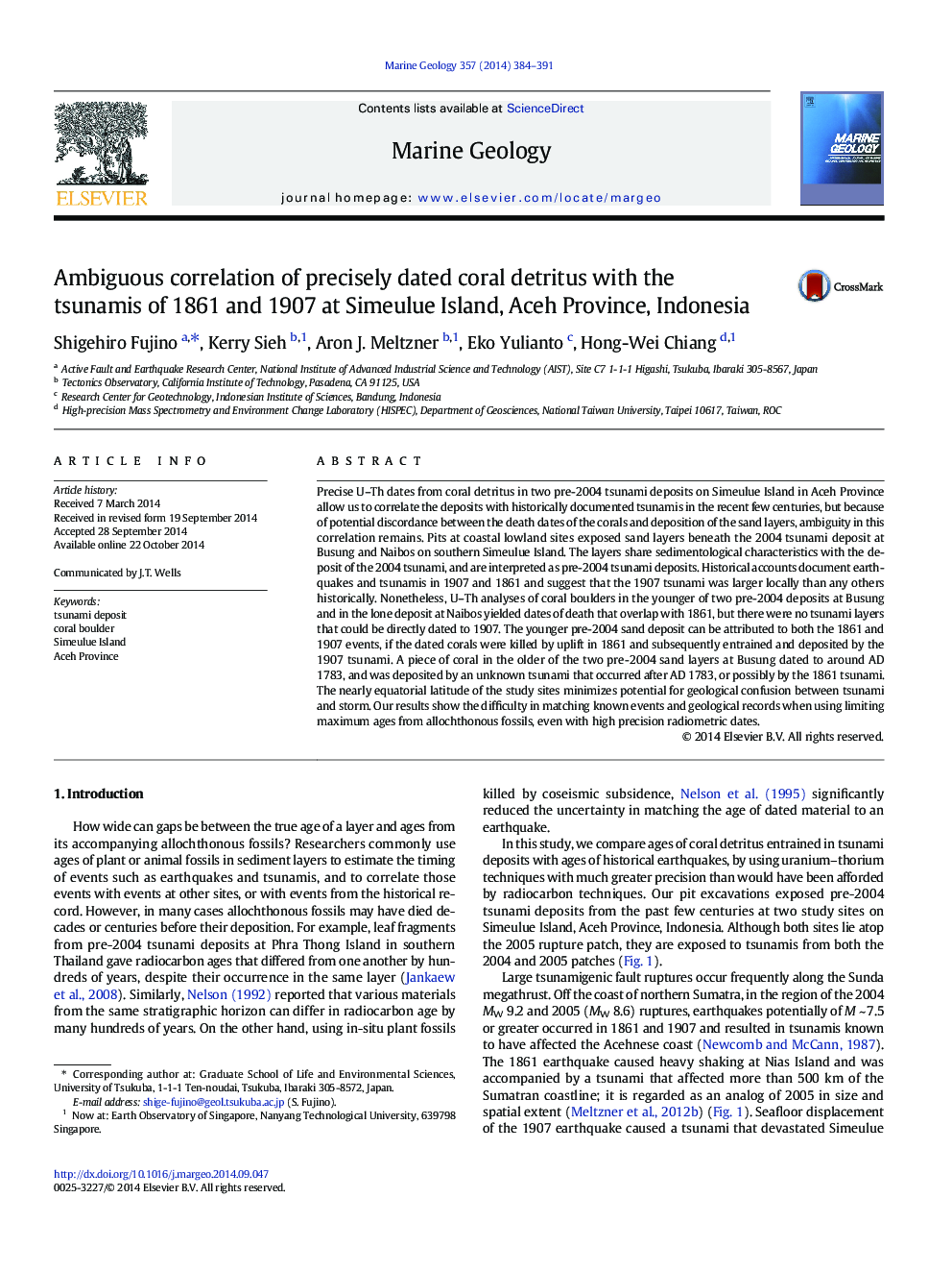 Ambiguous correlation of precisely dated coral detritus with the tsunamis of 1861 and 1907 at Simeulue Island, Aceh Province, Indonesia