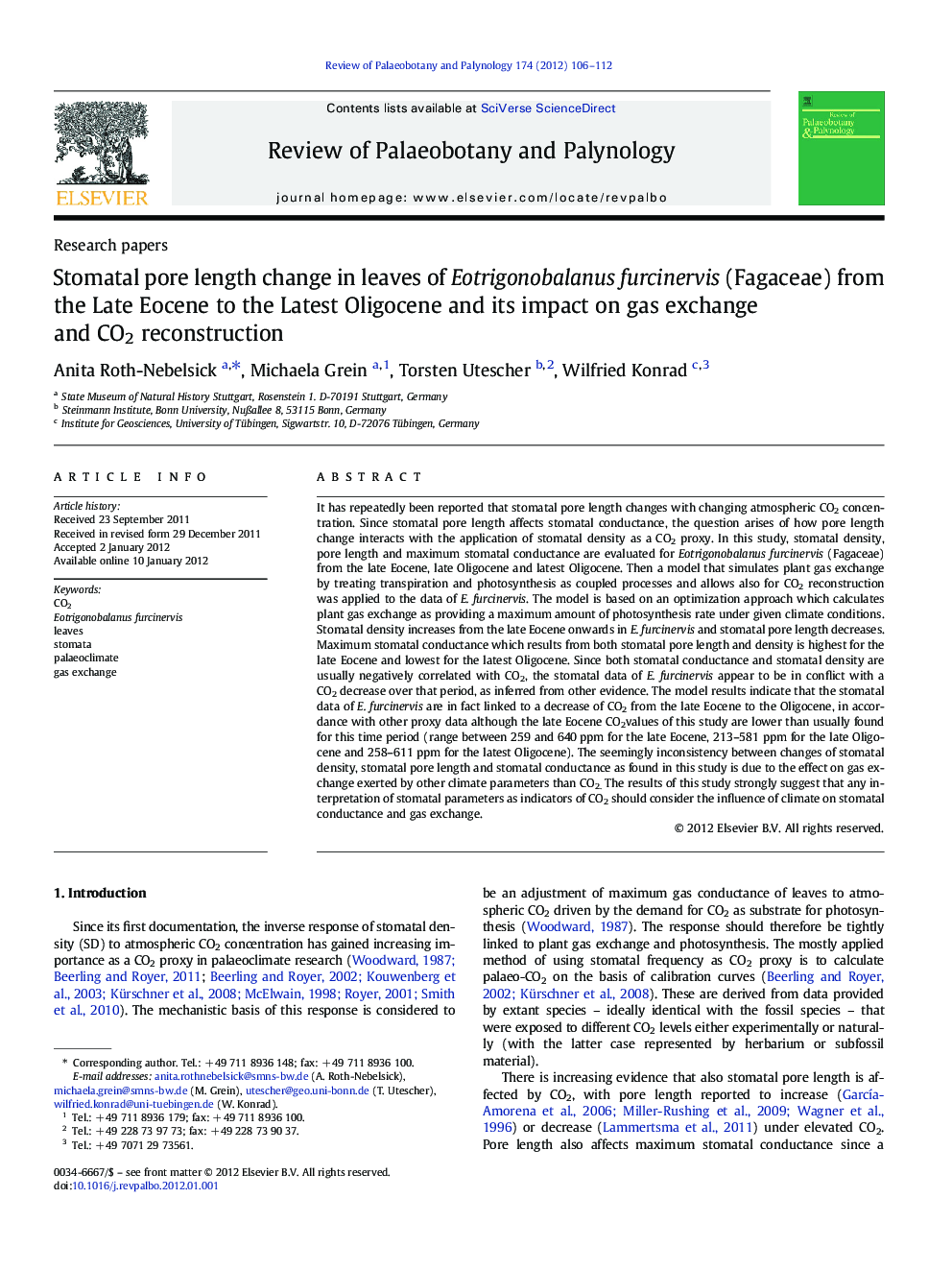 Stomatal pore length change in leaves of Eotrigonobalanus furcinervis (Fagaceae) from the Late Eocene to the Latest Oligocene and its impact on gas exchange and CO2 reconstruction
