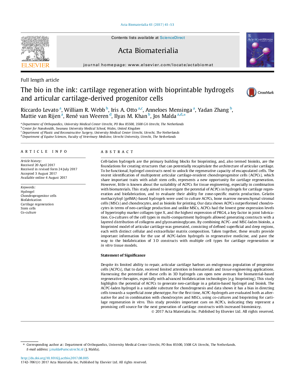 Full length articleThe bio in the ink: cartilage regeneration with bioprintable hydrogels and articular cartilage-derived progenitor cells