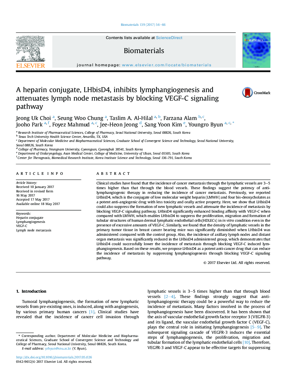 A heparin conjugate, LHbisD4, inhibits lymphangiogenesis and attenuates lymph node metastasis by blocking VEGF-C signaling pathway