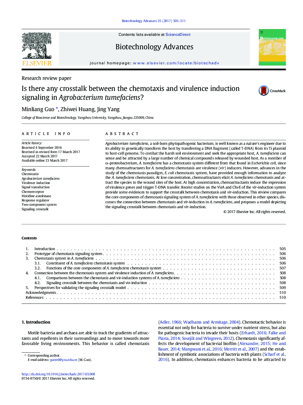 Research review paperIs there any crosstalk between the chemotaxis and virulence induction signaling in Agrobacterium tumefaciens?