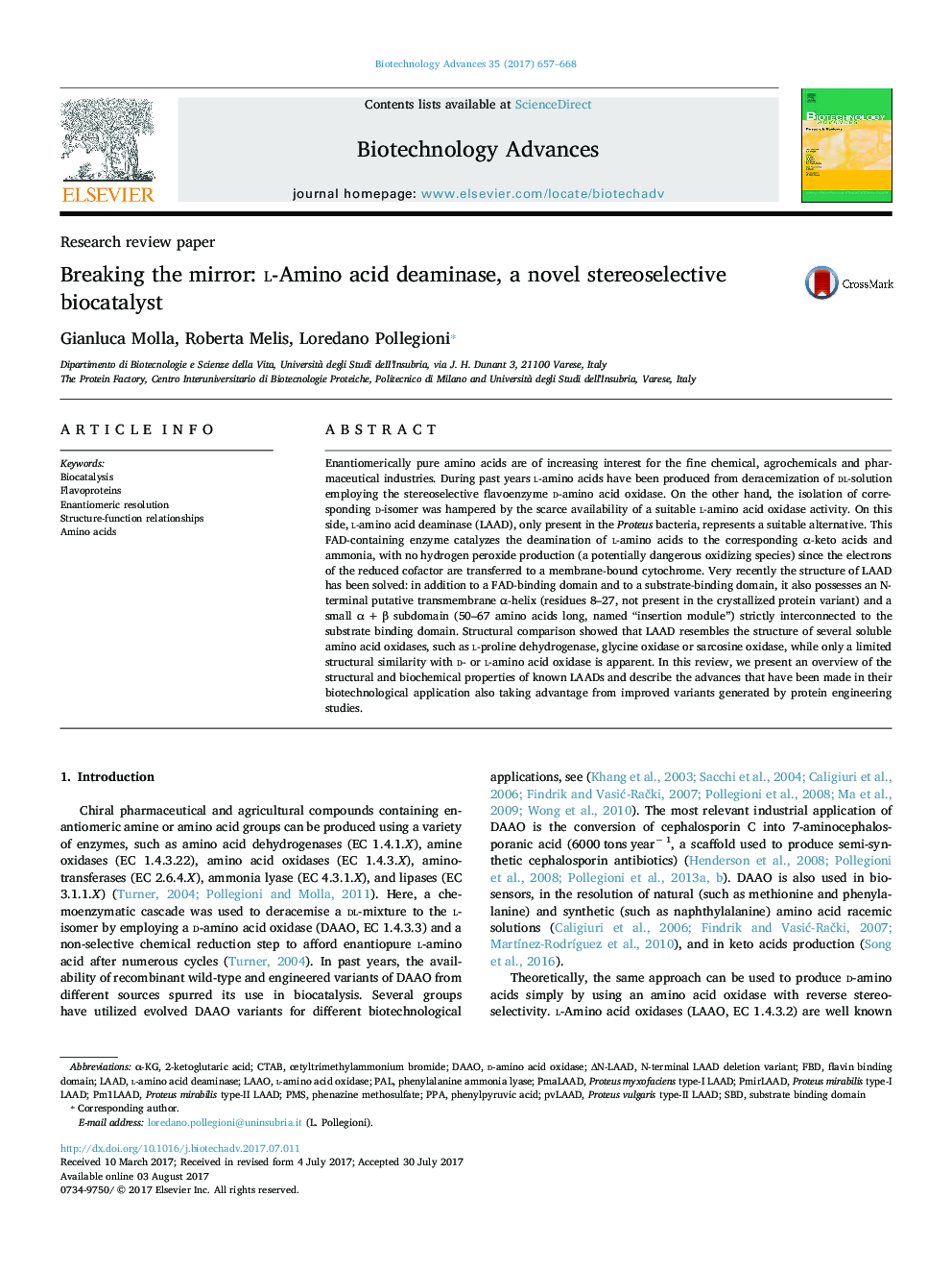 Research review paperBreaking the mirror: l-Amino acid deaminase, a novel stereoselective biocatalyst