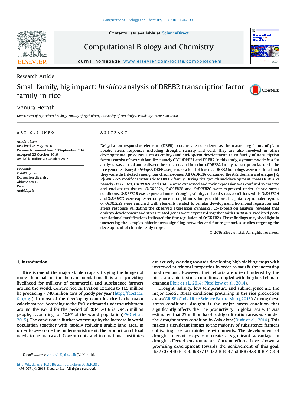 Research ArticleSmall family, big impact: In silico analysis of DREB2 transcription factor family in rice