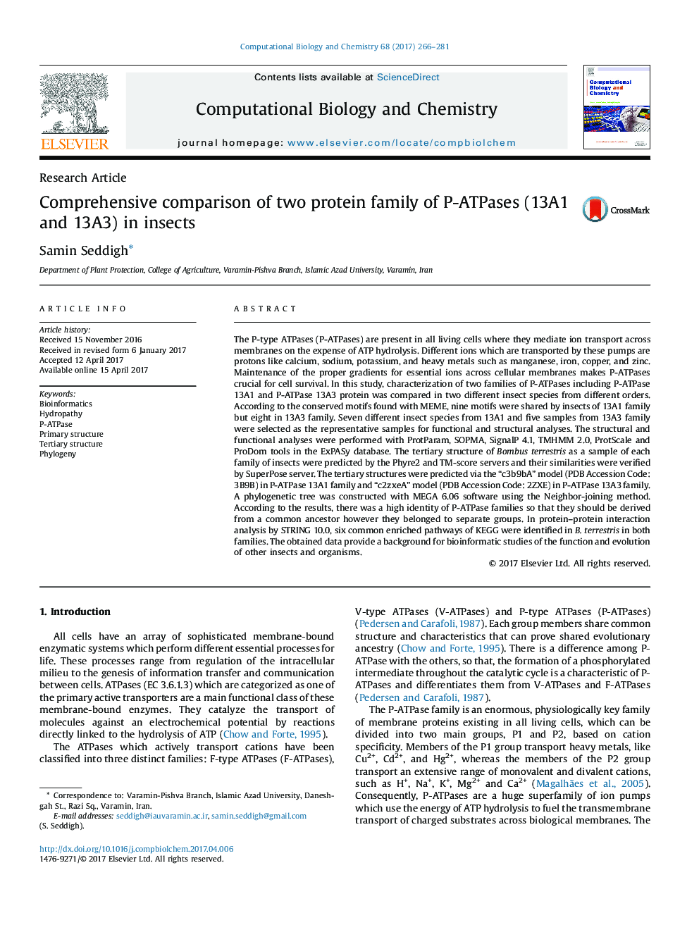 Research ArticleComprehensive comparison of two protein family of P-ATPases (13A1 and 13A3) in insects
