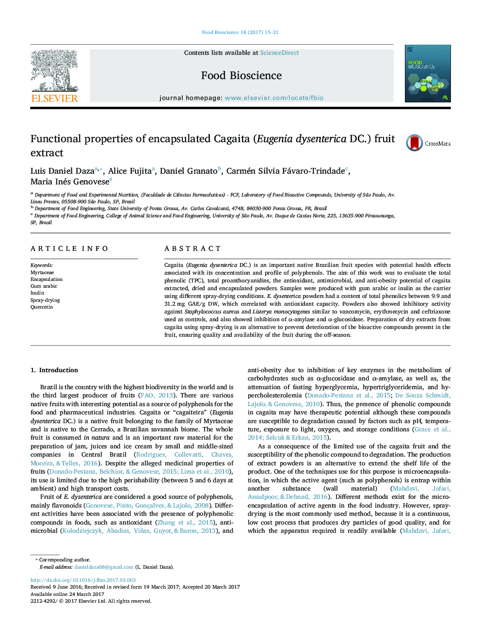 Functional properties of encapsulated Cagaita (Eugenia dysenterica DC.) fruit extract