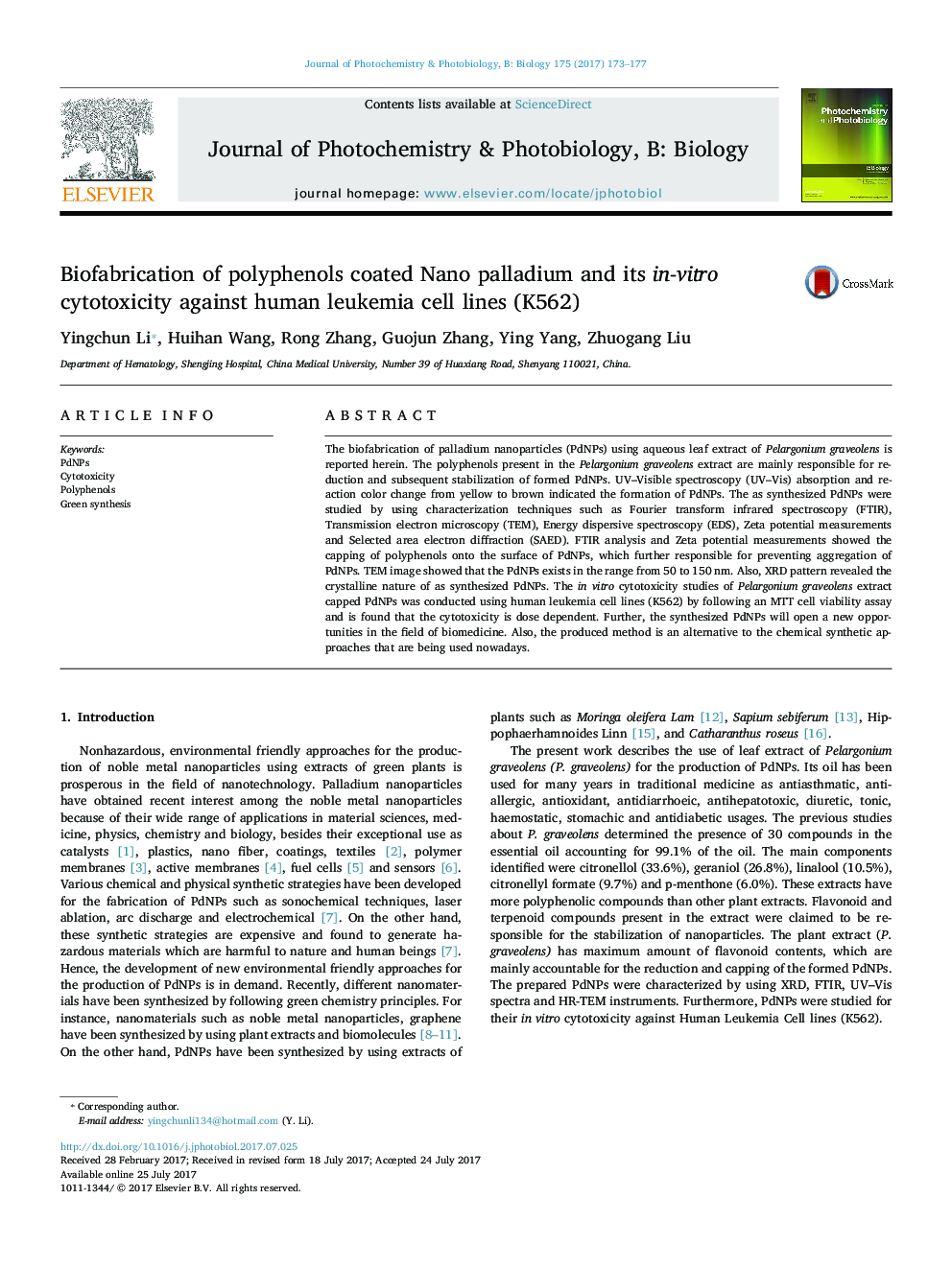 Biofabrication of polyphenols coated Nano palladium and its in-vitro cytotoxicity against human leukemia cell lines (K562)