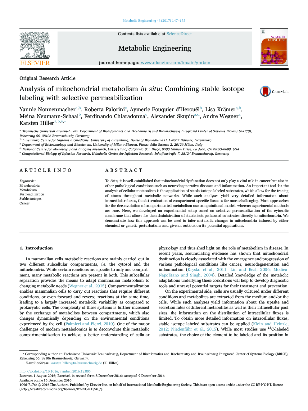تجزیه و تحلیل متابولیسم میتوکندری در محل: ترکیبی از نشانه ایزوتوپ پایدار با نفوذ پذیری انتخابی
