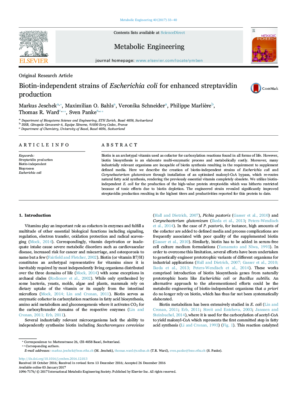Original Research ArticleBiotin-independent strains of Escherichia coli for enhanced streptavidin production