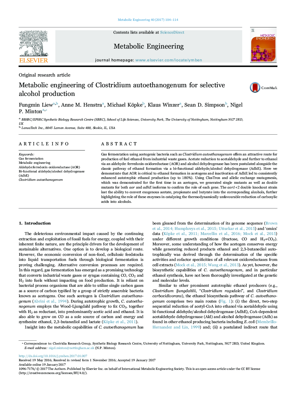 Original research articleMetabolic engineering of Clostridium autoethanogenum for selective alcohol production