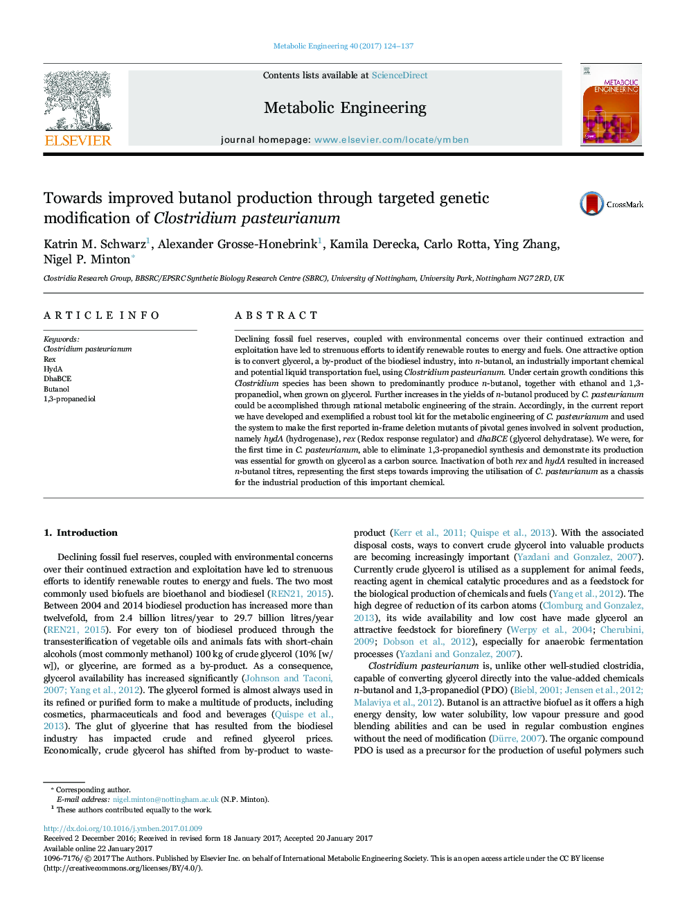 Towards improved butanol production through targeted genetic modification of Clostridium pasteurianum