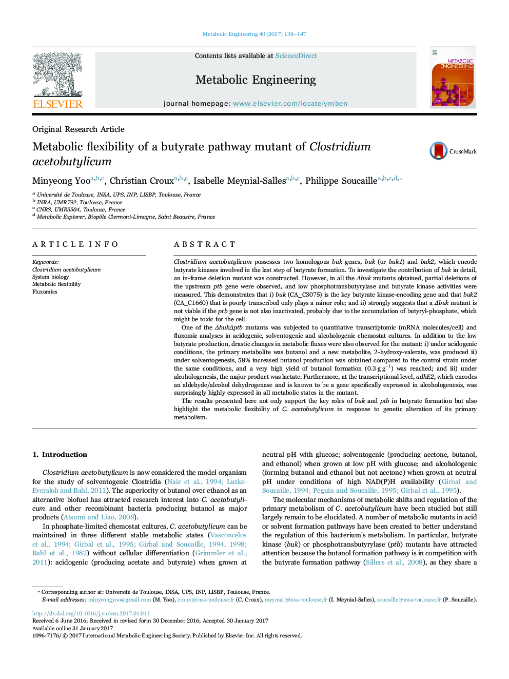 Original Research ArticleMetabolic flexibility of a butyrate pathway mutant of Clostridium acetobutylicum