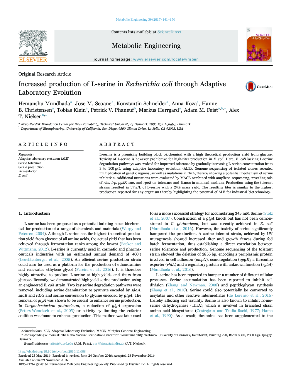 Original Research ArticleIncreased production of L-serine in Escherichia coli through Adaptive Laboratory Evolution