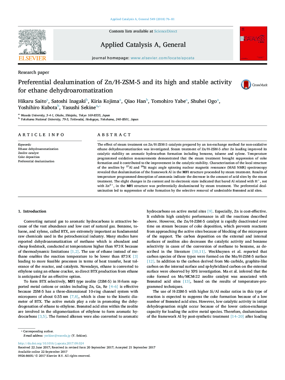 Research paperPreferential dealumination of Zn/H-ZSM-5 and its high and stable activity for ethane dehydroaromatization