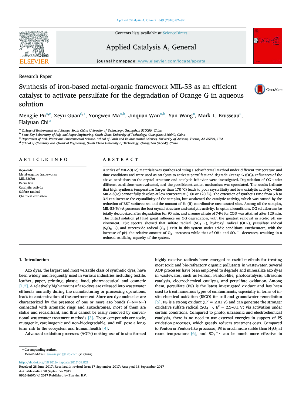 Research PaperSynthesis of iron-based metal-organic framework MIL-53 as an efficient catalyst to activate persulfate for the degradation of Orange G in aqueous solution