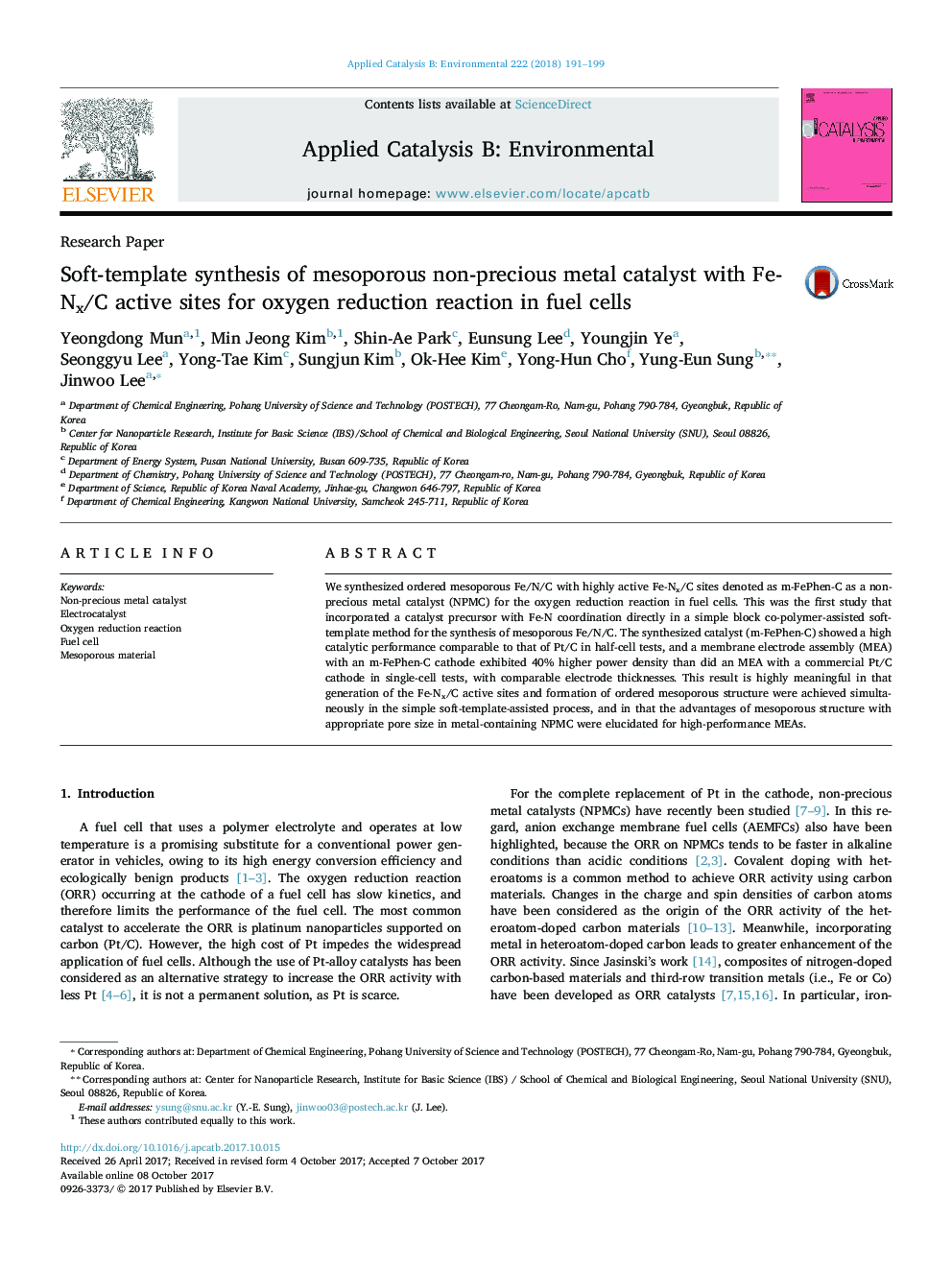 Research PaperSoft-template synthesis of mesoporous non-precious metal catalyst with Fe-Nx/C active sites for oxygen reduction reaction in fuel cells