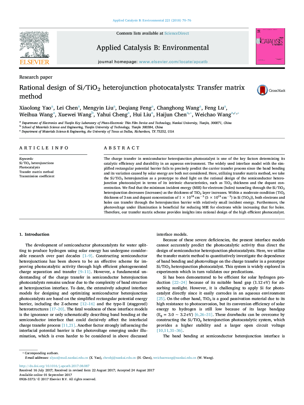 Research paperRational design of Si/TiO2 heterojunction photocatalysts: Transfer matrix method