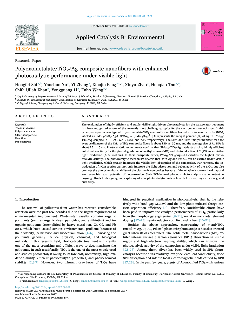 Research PaperPolyoxometalate/TiO2/Ag composite nanofibers with enhanced photocatalytic performance under visible light