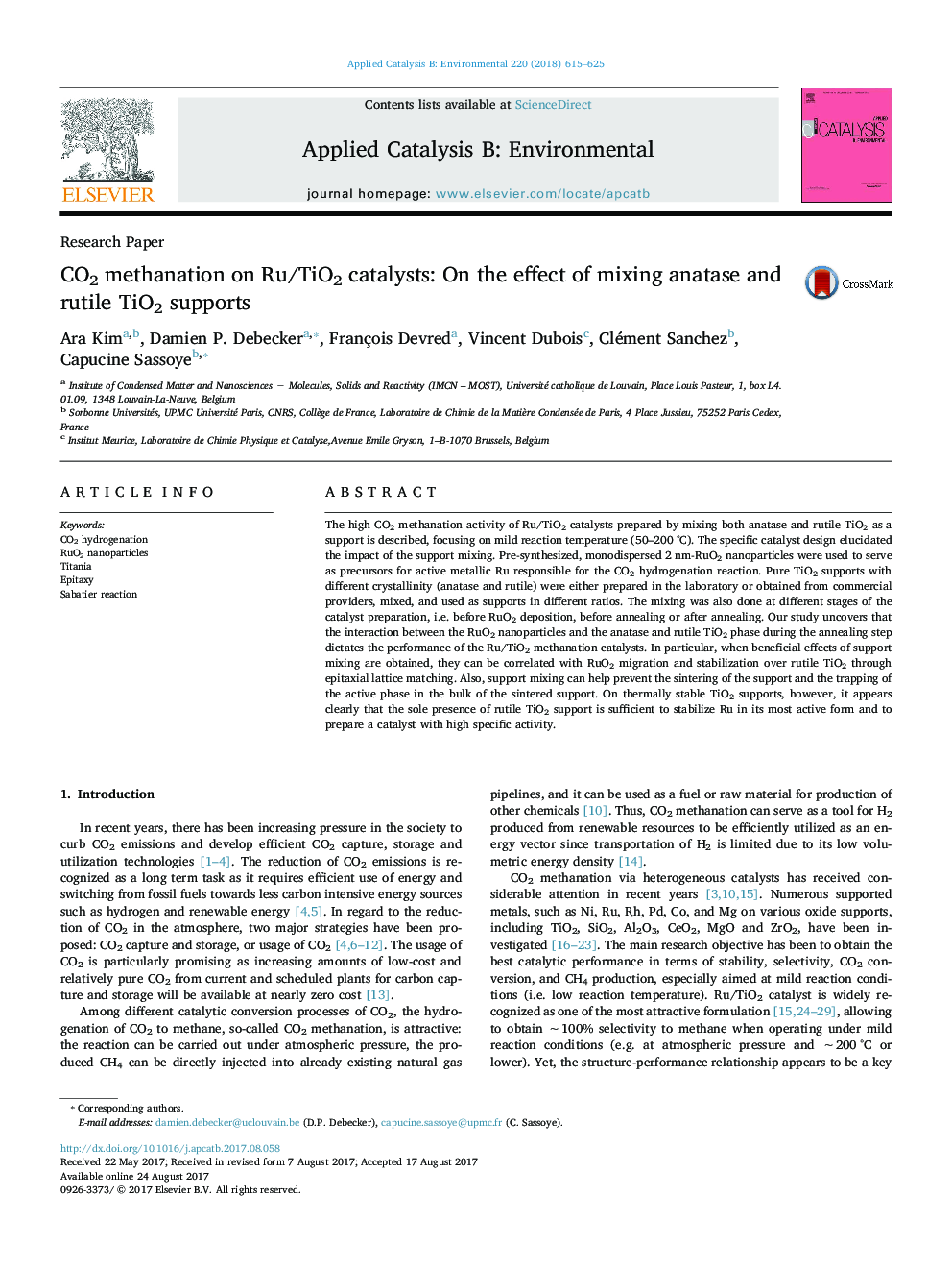 Research PaperCO2 methanation on Ru/TiO2 catalysts: On the effect of mixing anatase and rutile TiO2 supports