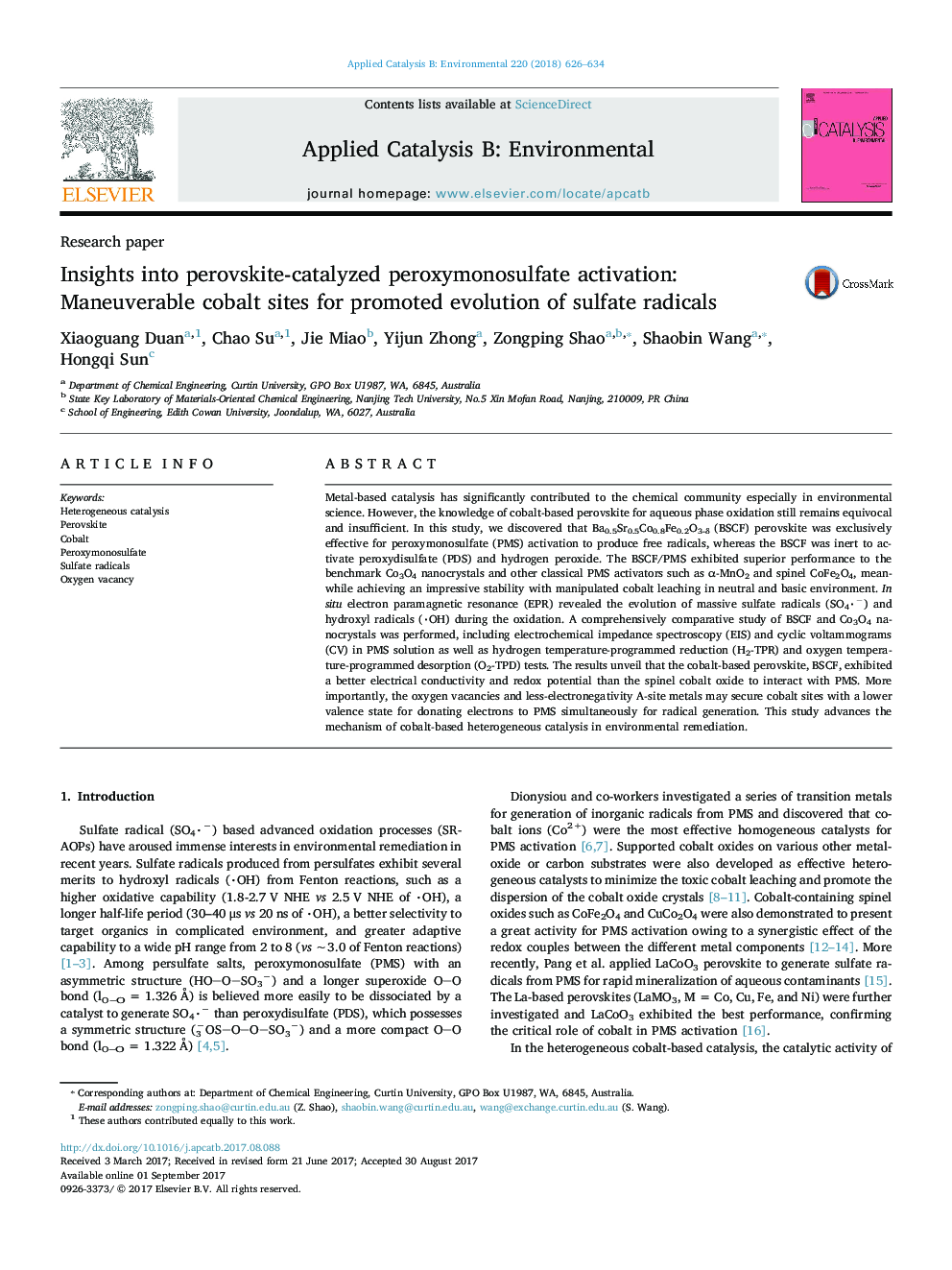 مقاله پژوهشی دیدگاه ها برای فعال سازی پراکسیمنسوفسفات پراکسیت کاتالیز شده: مکان های قابل کوبالت برای پیشرفت تکامل رادیکال های سولفات