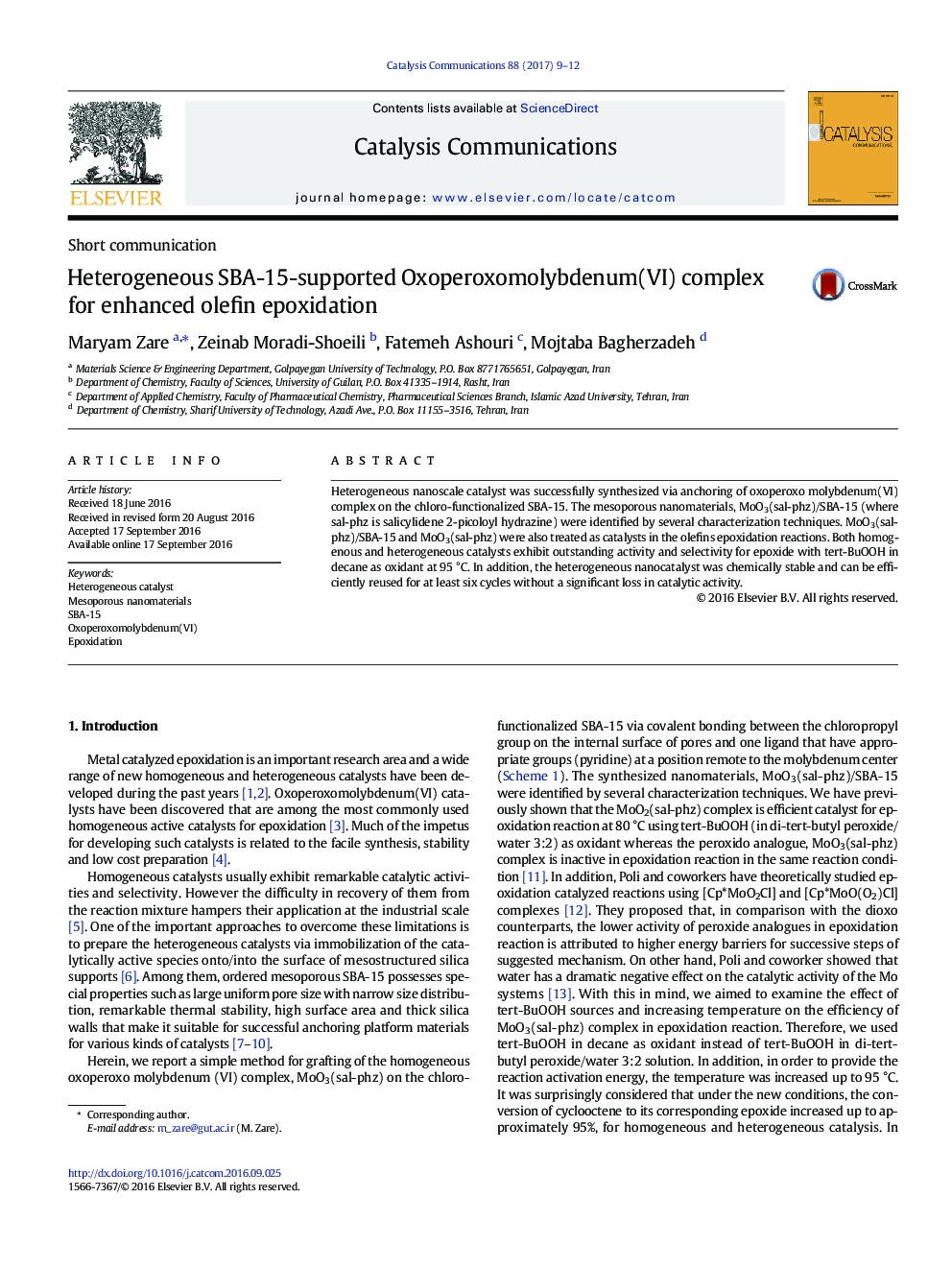 Short communicationHeterogeneous SBA-15-supported Oxoperoxomolybdenum(VI) complex for enhanced olefin epoxidation