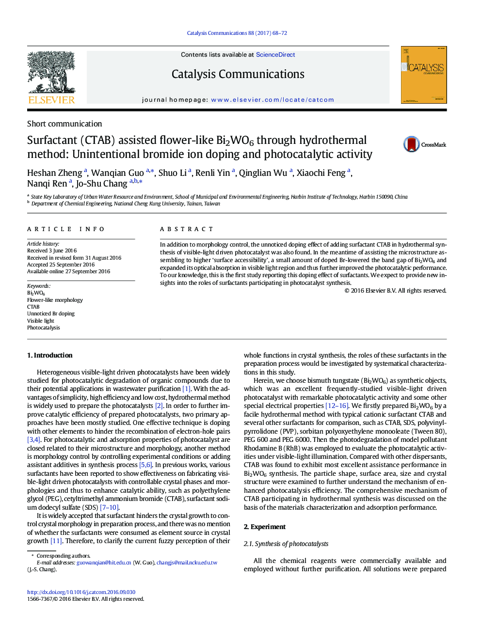 Short communicationSurfactant (CTAB) assisted flower-like Bi2WO6 through hydrothermal method: Unintentional bromide ion doping and photocatalytic activity